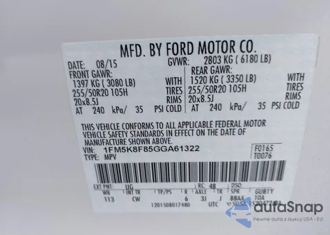 2016 Ford Explorer Limited z USA, uszkodzony, nr VIN 1FM5K8F85GGA61322